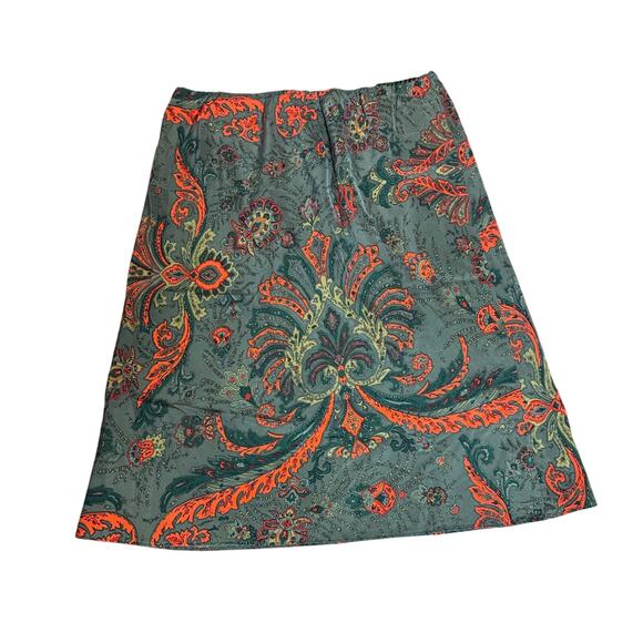 Ny&Co Vintage Green Orange Floral Paisley 100% Silk Slip‎ Style Skirt Size Large - Picture 1 of 5